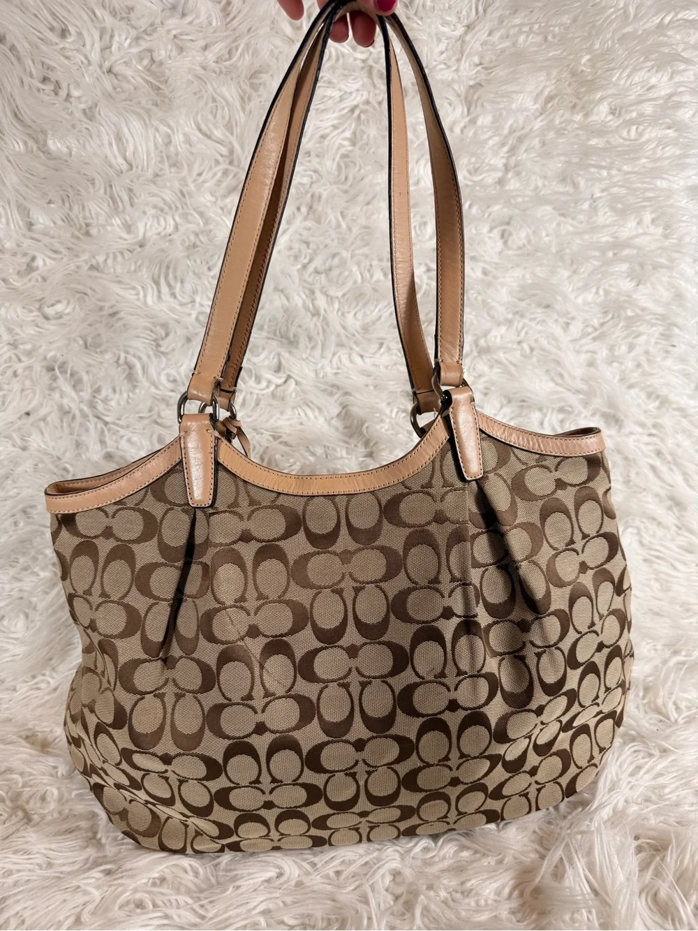 Coach Brown Signature Canvas Tote with Pink Stripe